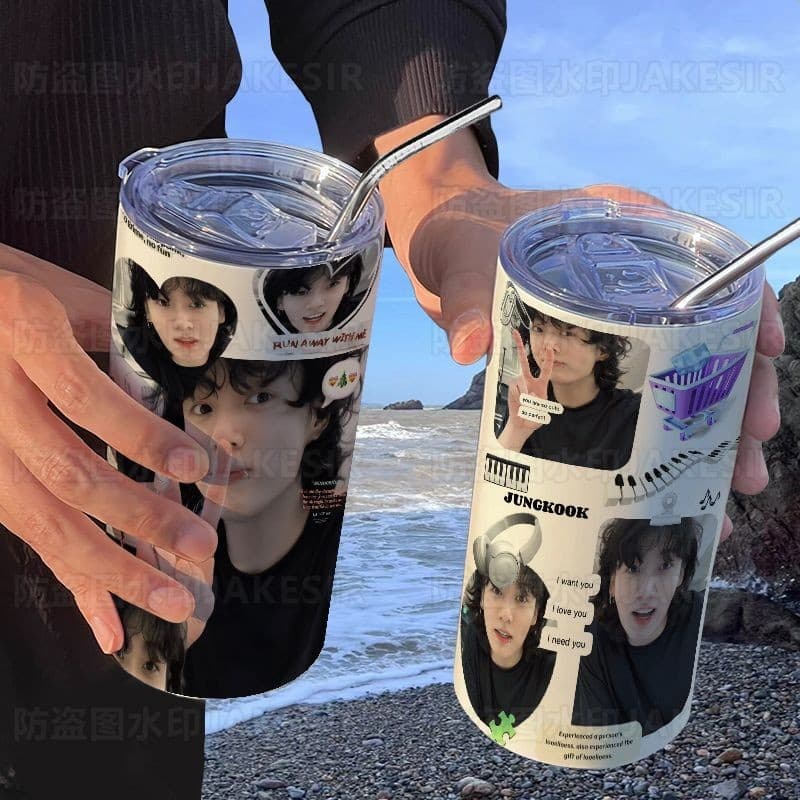 Copo térmico BTS Bangtan Boys com canudo, copo casual para café, copo térmico portátil de aço inoxidável com canudo.