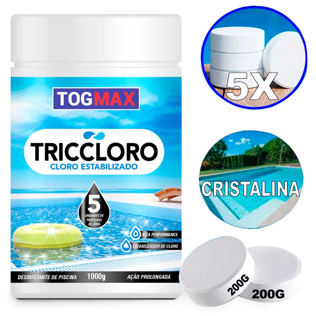 Kit 1kg Cloro Piscina TogMax Tricloro 5 Pastilhas de 200g Performace Eficaz Frescor Limpeza