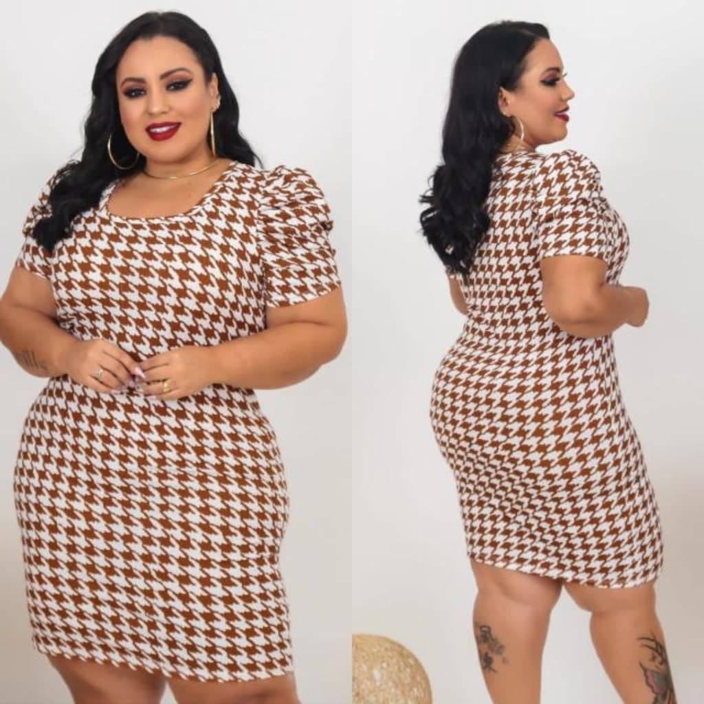 Vestido Feminino Plus Size Princesa Branco & Caramelo Estampado