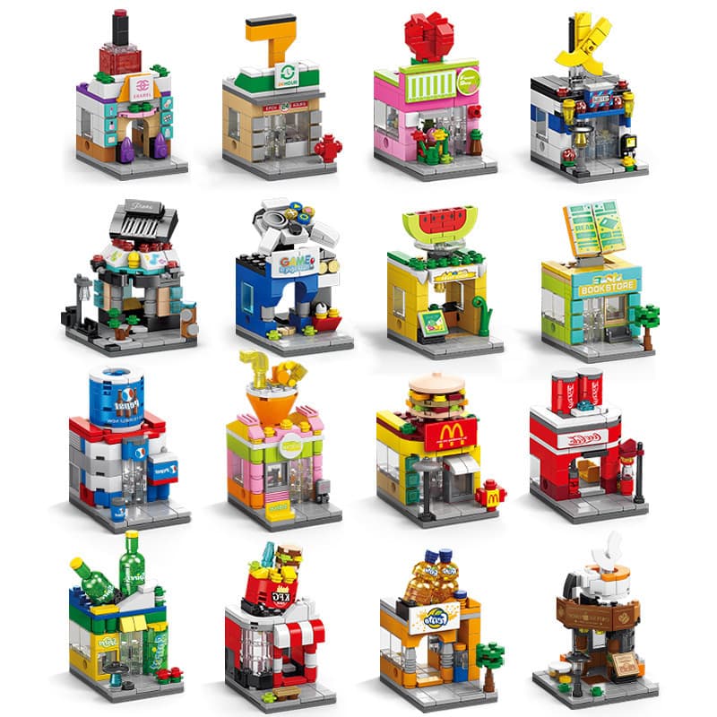 Mini Street View City Fast Food Beverages Bebidas Comerciais Street DIY Presentes Educacionais de Montagem de Brinquedos