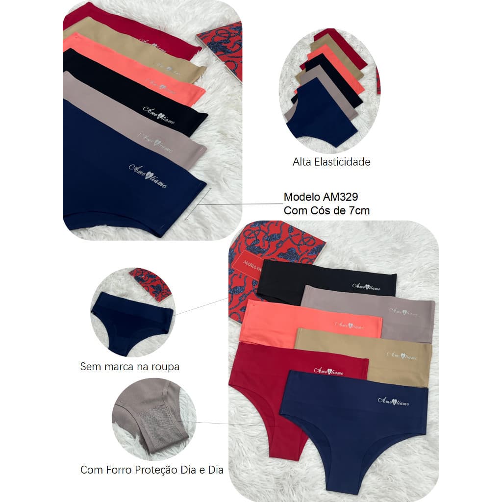 Kit com 3/6 Calcinhas Cós Alta 5cm ou 7cm Sem Costura Tanga Cores Sortidos Lisa
