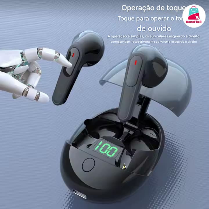 Fones de Ouvido TWS PROONE, Display Digital, Baixa Latência, Sem Fio, Bluetoot, Estojo Transparente