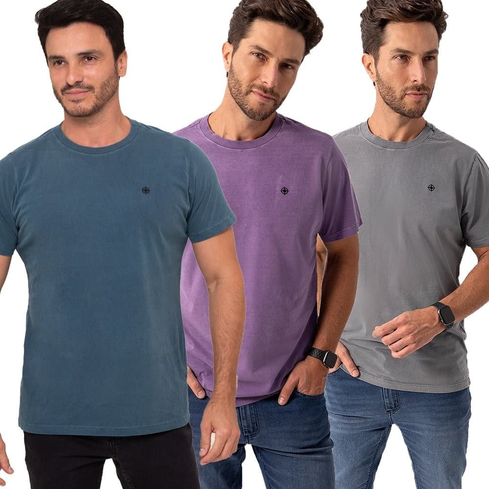 Kit 3 Camisetas Estonadas Masculinas Algodão Premium Casual Slim Petroléo Roxo e Chumbo