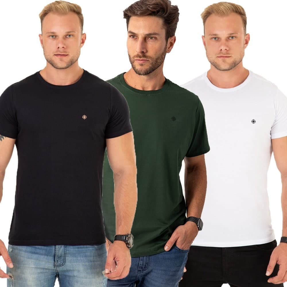 Kit 3 Camisetas Masculino Tradicional Casual Algodão Costura Reforçada VERDEMILITAR/BRANCO/PRETO