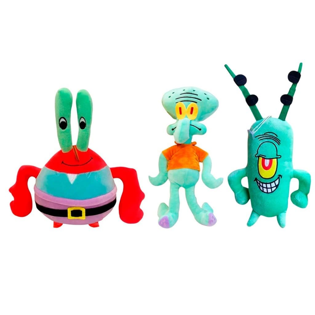 Urso de Pelucias Siriguejo, Lula Molusco e Plankton 25cm Kit com 3 Antialérgico