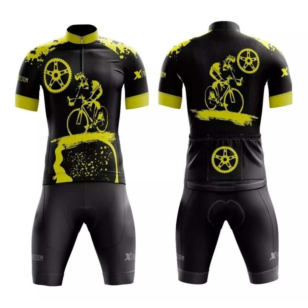 Conjunto de Ciclismo Camisa Ciclista Preto e Amarelo C/ Proteção UV e Bermuda C/ Forro Interno