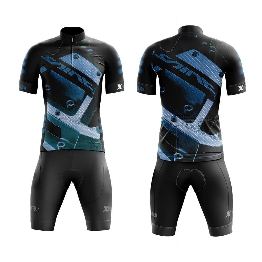 Conjunto de Ciclismo Camisa XBike Preto e Azul C/ Proteção UV e Bermuda C/ Forro Interno