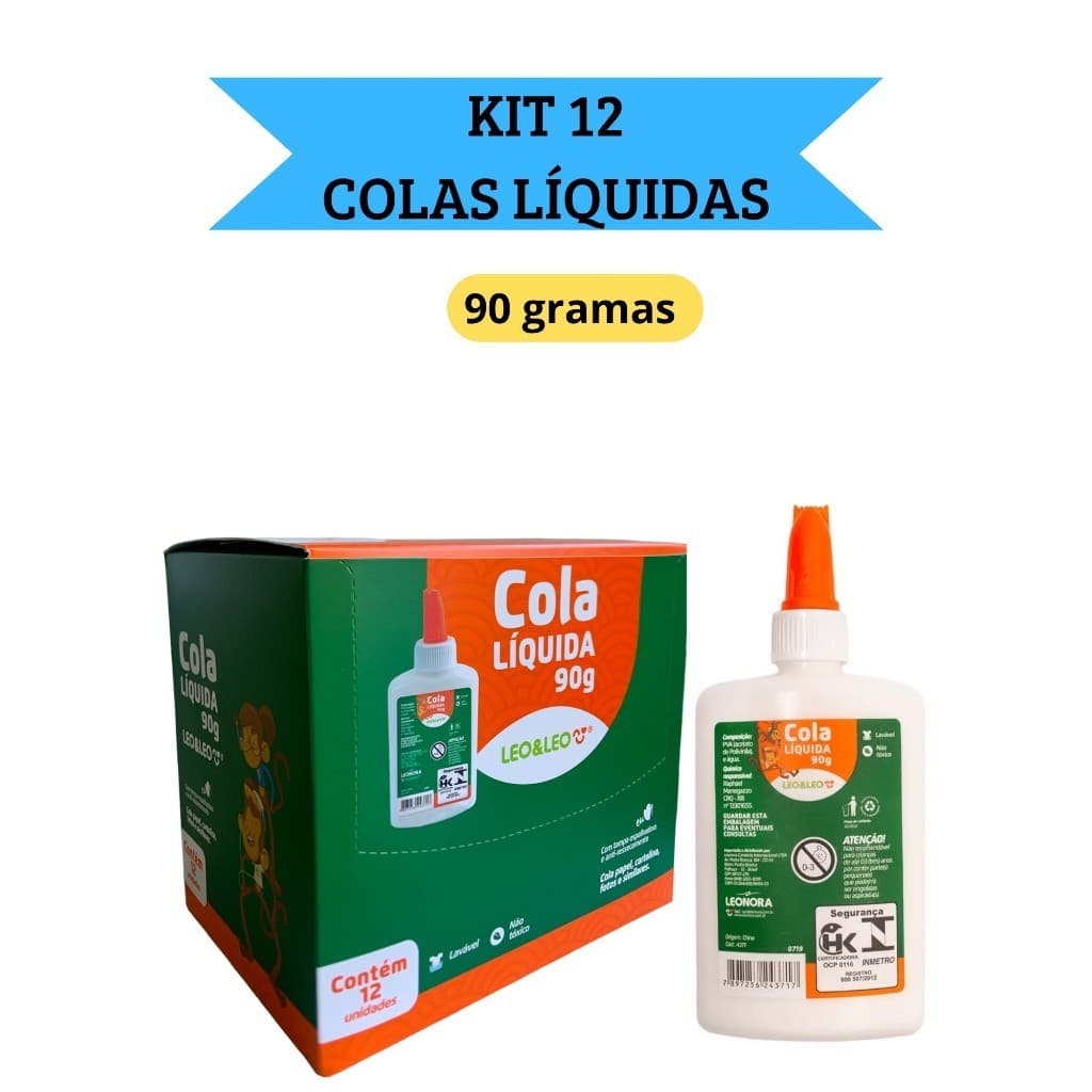 Kit 12 Cola Líquida Branca Escolar 90g com espátula Leo&Leo