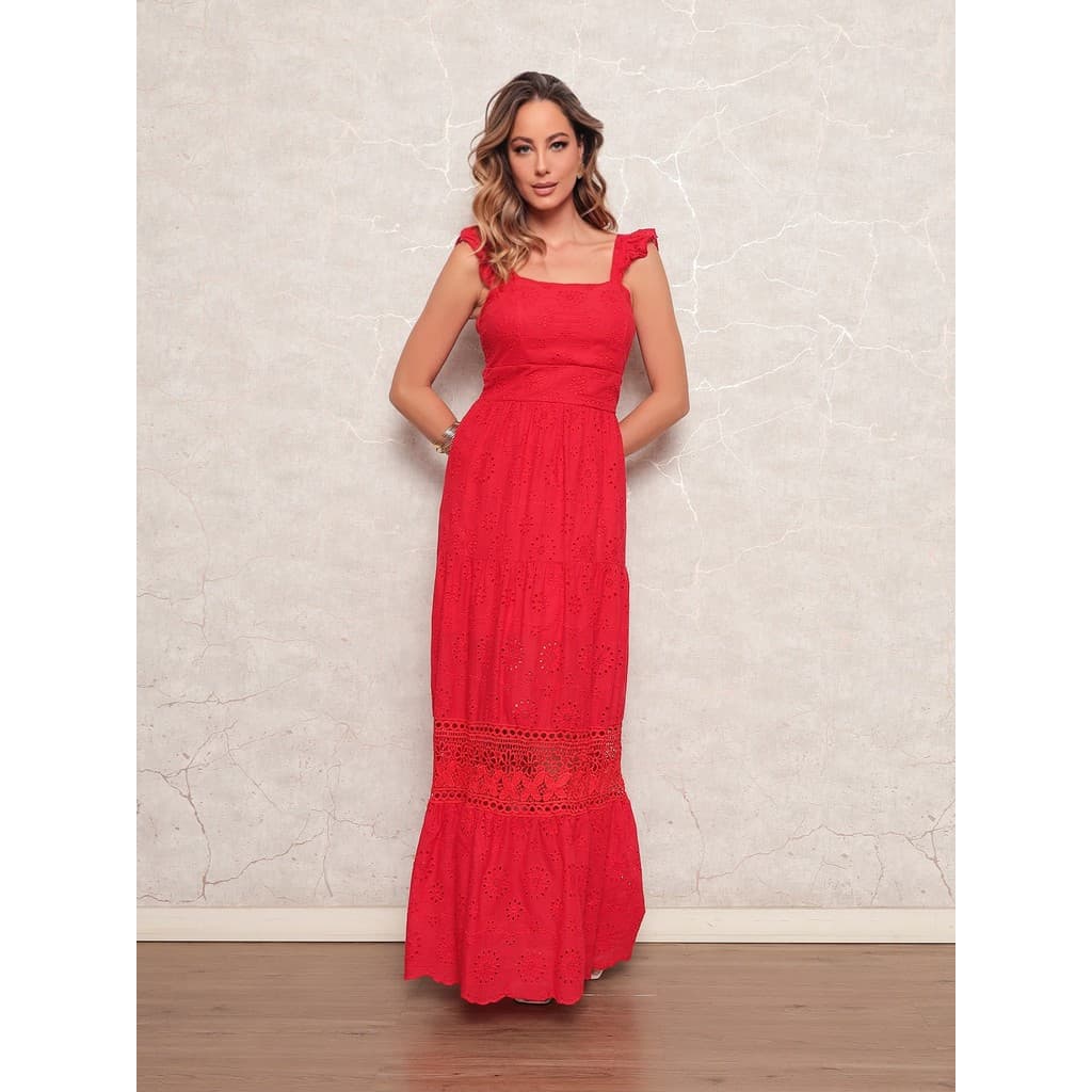DUOUNO MODAS - VESTIDO LONGO FEMININO ALÇA COM BABADOS E BOJO NO TECIDO LAISE -VESTIDOS LONGOS VERÃO