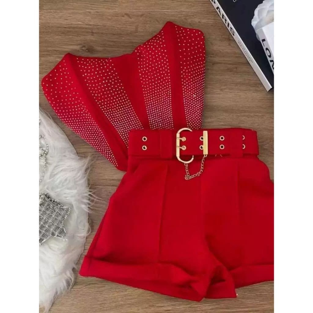 Conjunto Cropped Corset e Short Aplicação Strass Com Ziper W2