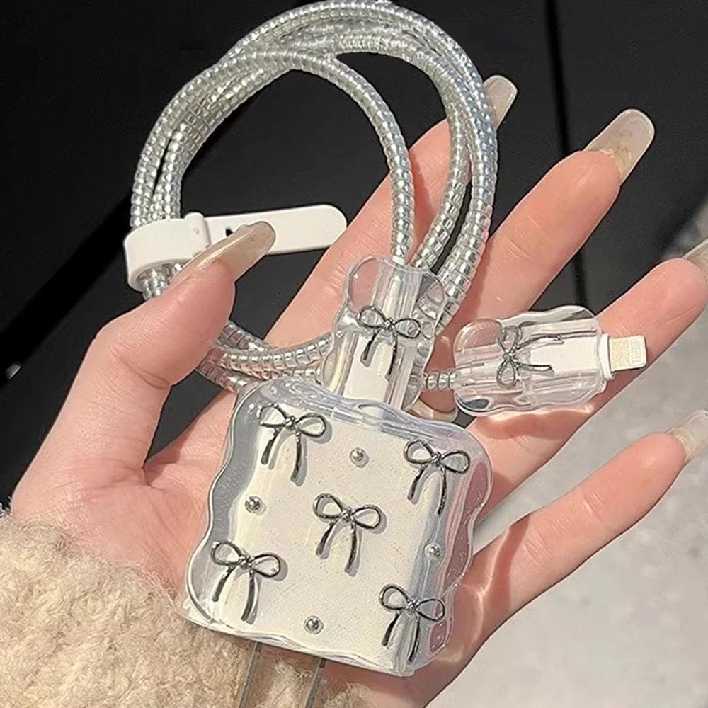 Transparente Brilhante Bowknot Carregador De Celular Caso Protetor Manga Compatível Para Apple IPhone 18/20W Laser Cabo