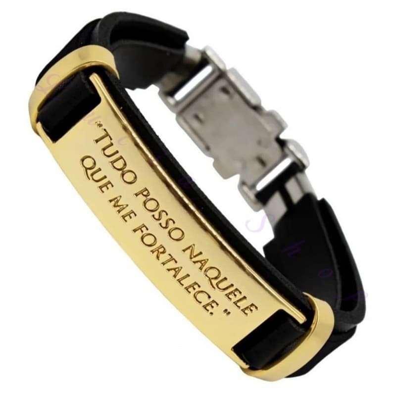 Pulseira Masculina de Couro Sintético com frases religiosas e fecho de aço cirurgico