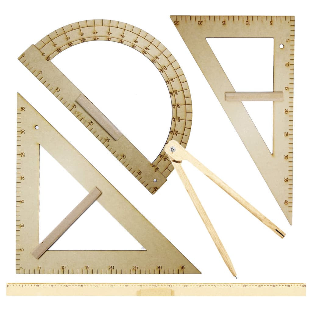 Kit Geométrico do Professor Mdf C/Régua 1 M Compasso P/Giz Esquadro 30/60° Esquadro 45° Transferidor 180° Souza ou SB