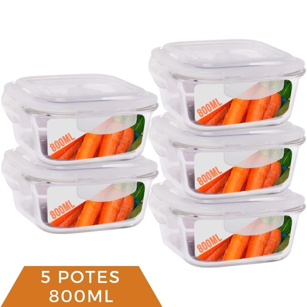 5 Pote 800ml Vidro Marmita Fitness Tampa 4 Trava Hermético