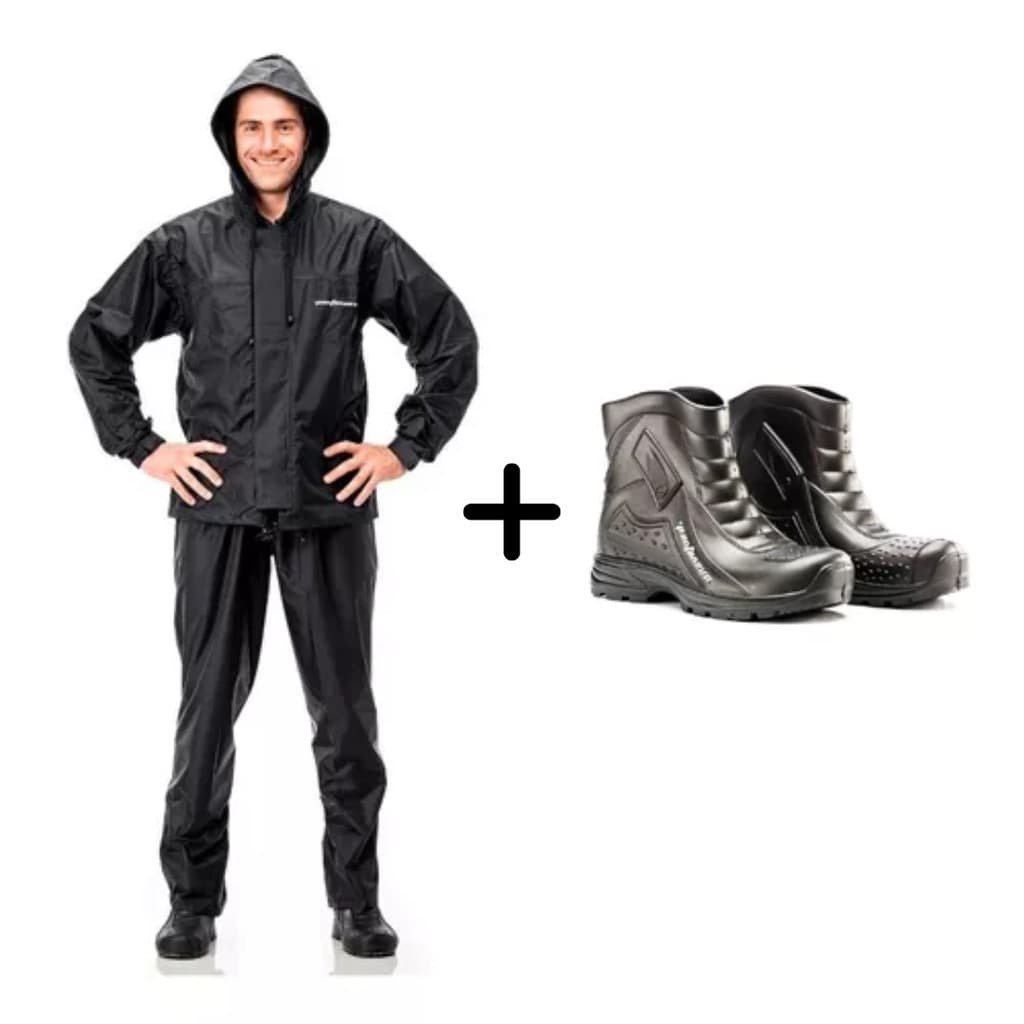Capa De Chuva Pantaneiro Nylon com Capuz + Bota Impermeável Pantaneiro