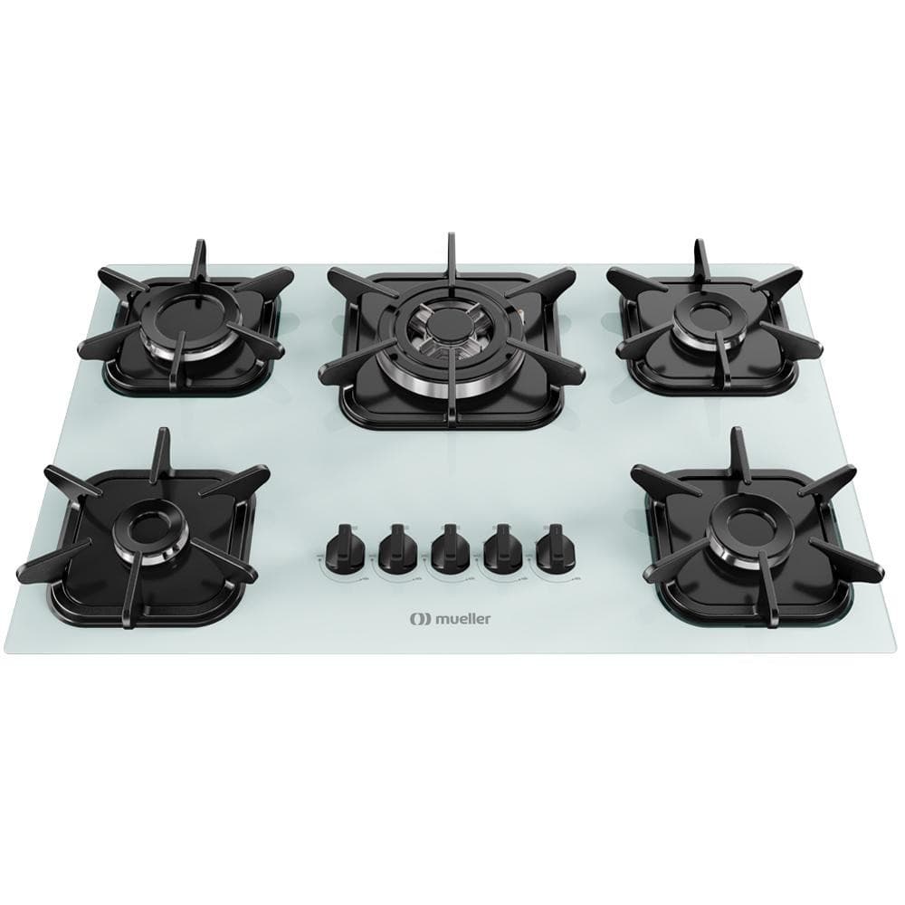 Cooktop a Gás Mueller 5 bocas Branco com Queimador Tripla chama e Grades em Ferro Fundido Bivolt