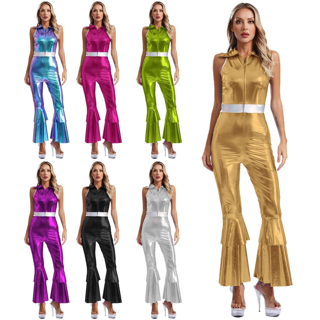 MSemis Feminino Brilhante Metálico 70s Discoteca Traje Lapela Gola Sem Mangas Cintura Alta Queimado Macacão Dança Cantor