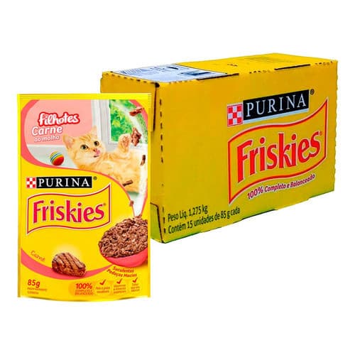 Kit 15 Sachês Friskies Purina 85g Alimento Úmido Ração Gatos Filhotes Sabor Carne Felino Cat