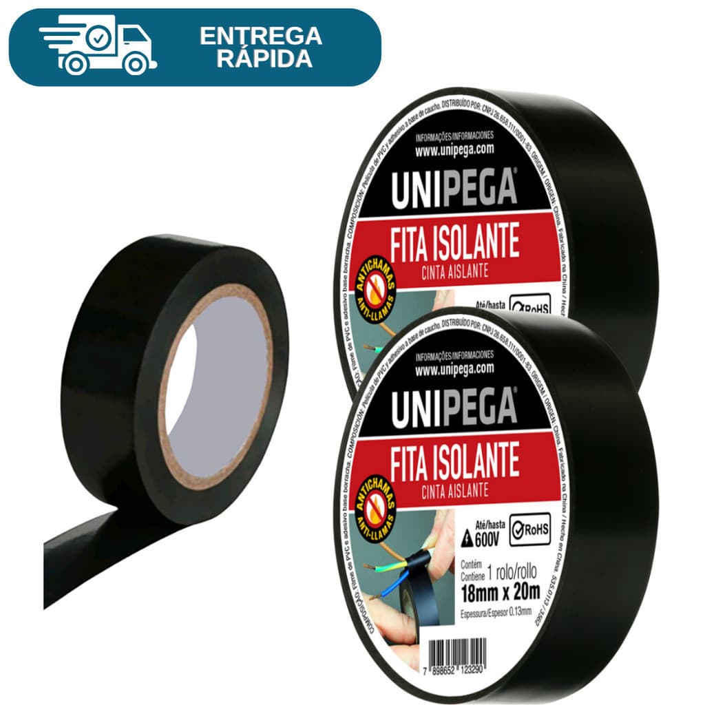 Kit 2 Fita Isolante Preta 18mm 5 Metros 10 Metros e 20 Metros Adesiva Fios Cabos Reparos Emendas