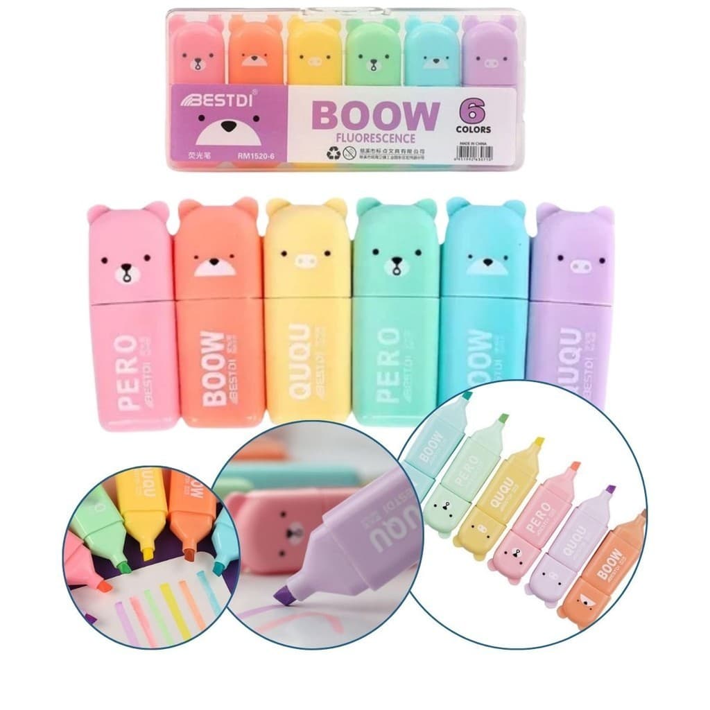 Kit Mini Marca Texto Fofo Ursinho cores fluorescentes Boow