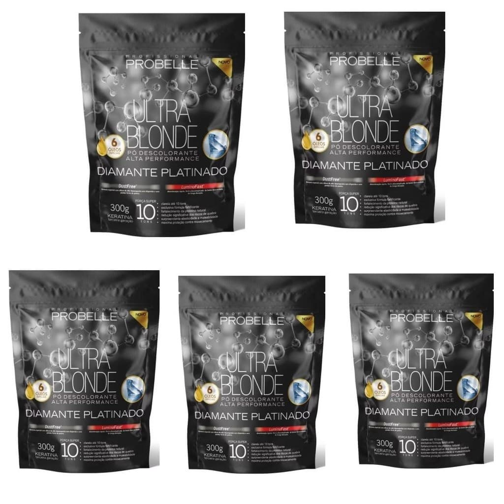 KIT 5 Pó Descolorante Diamante platinado Stand Pouch 300 G  Probelle