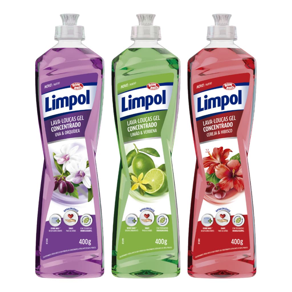 Kit 3 Detergente Gel Concentrado: Uva, Limão e Cereja 400ml Limpol