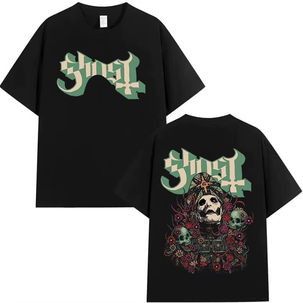 Camiseta Básica Unissex Algodão Ghost Banda Roses Skull