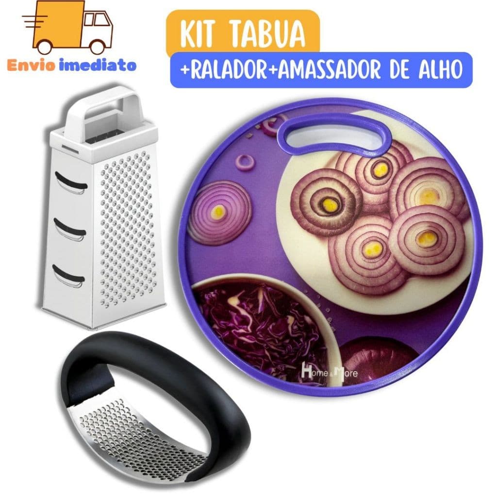 Kit 3 itens Tabua de Carne Amassador de Alho Ralador 4 Faces de para Legumes Salada Churrasco Casa