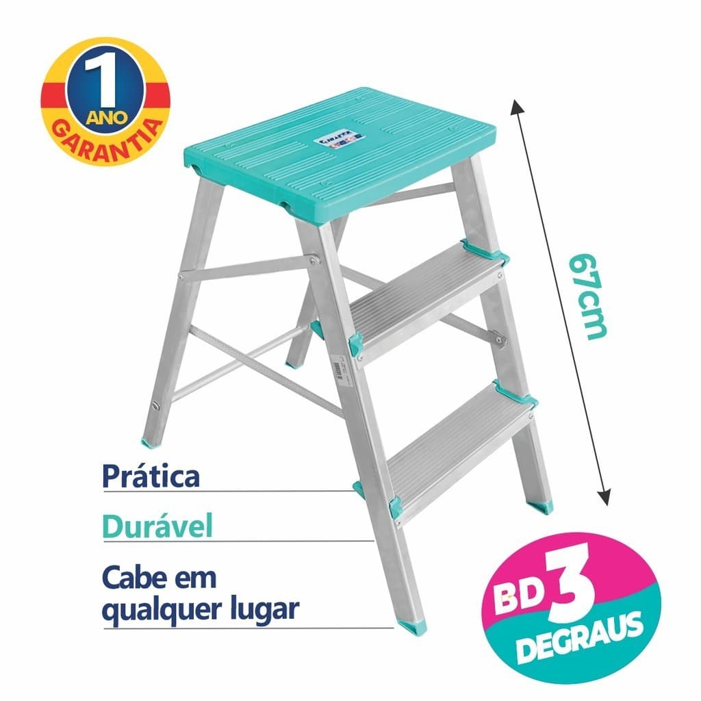 Banqueta Escada Aluminio 3 Degraus Gibafer Leve Prática Compacta
