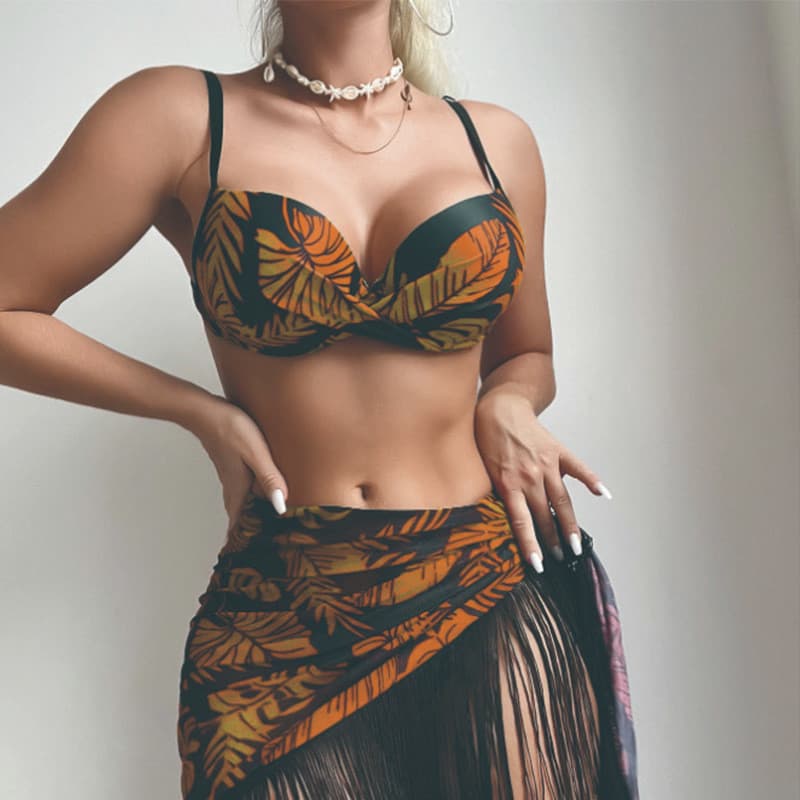 2024 Novo Estilo de Fato de banho de três peças de biquíni feminino Tassel Print