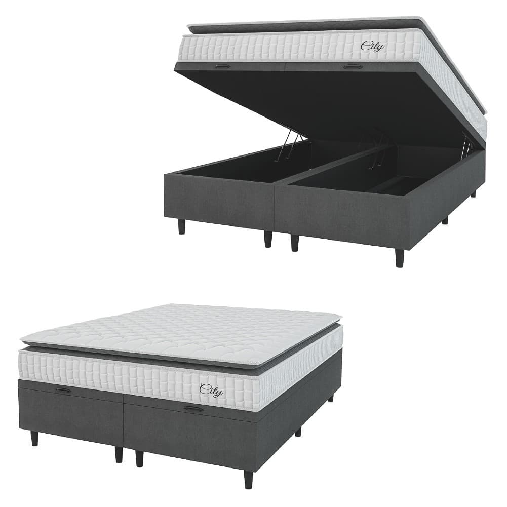 Cama Box Colchão Baú Casal King Molas Ensacadas City Pillow Top 193x203x64cm Cinza / Branco Hellen