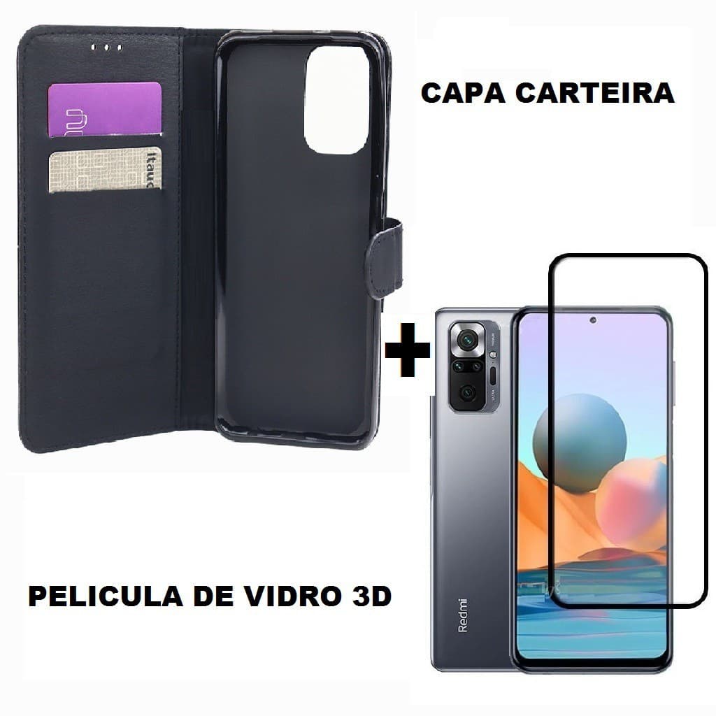 Capa Case Carteira + Pelicula 3d Redmi Note 10 4G / Note 10S