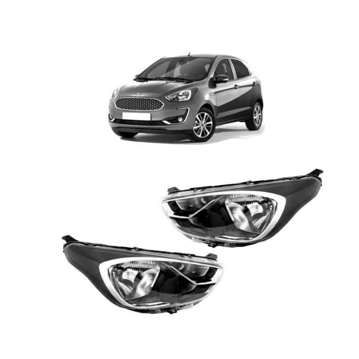 FAROL COMPATÍVEL COM FORD KA 2019 A 2021 FOCO SIMPLES MÁSCARA NEGRA COM FRISO CROMADO