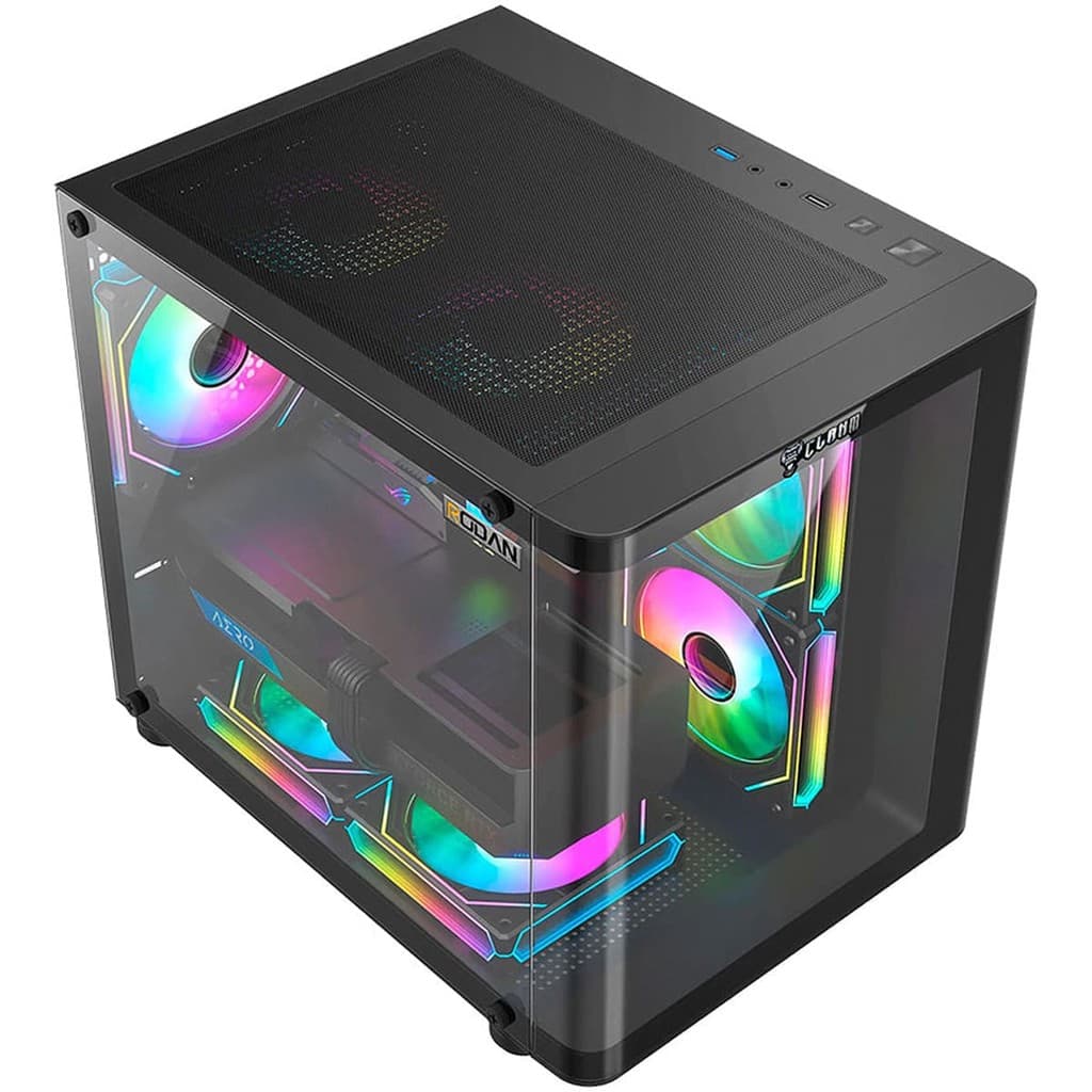 Gabinete Gamer Aquário Vidro Curvo Clanm Rodan Mid Tower Preto mini-ITX mATX Para VGA de 320mm