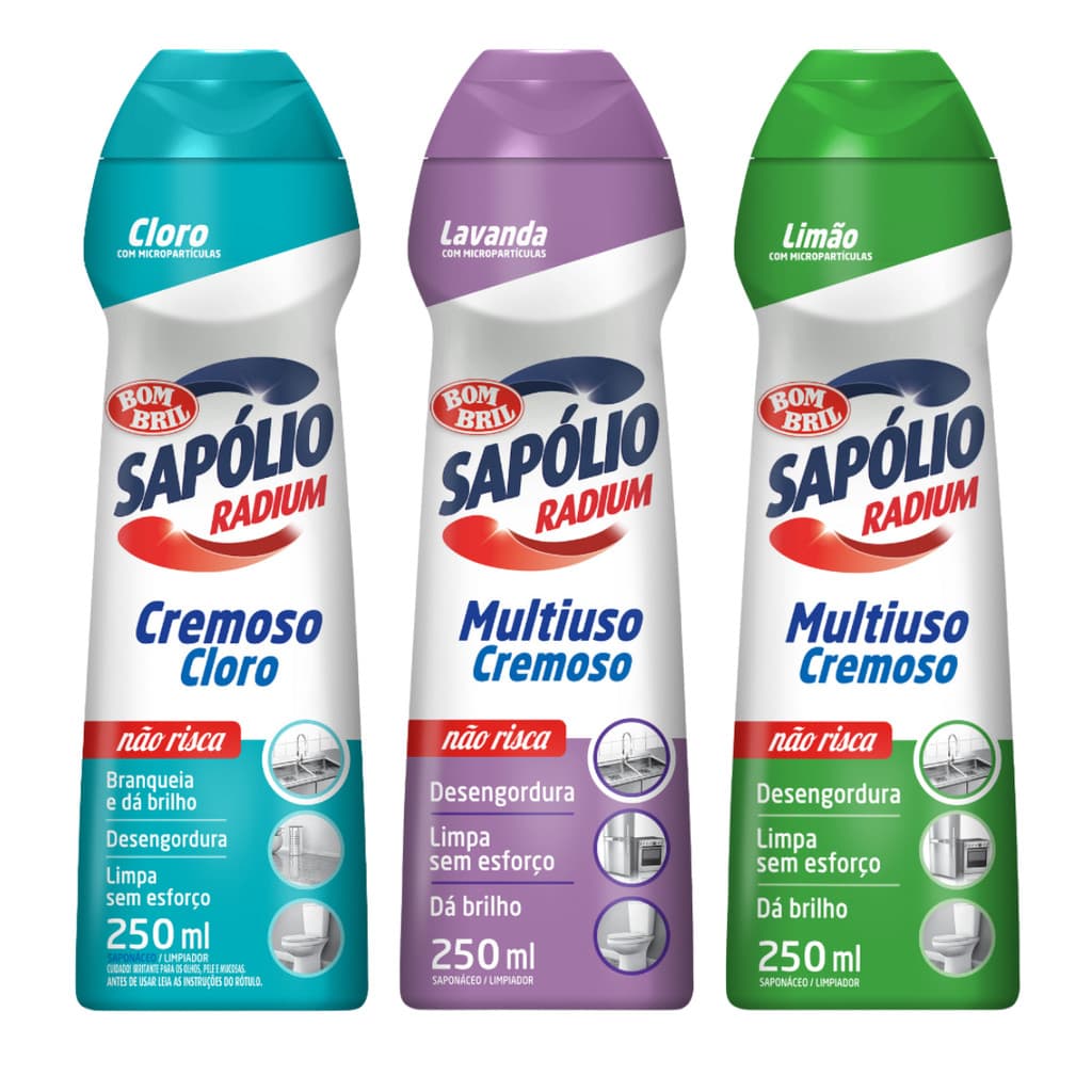 Kit 3 Sapólio Multiuso Cremoso Cloro, Lavanda e Limão 250ml Cada