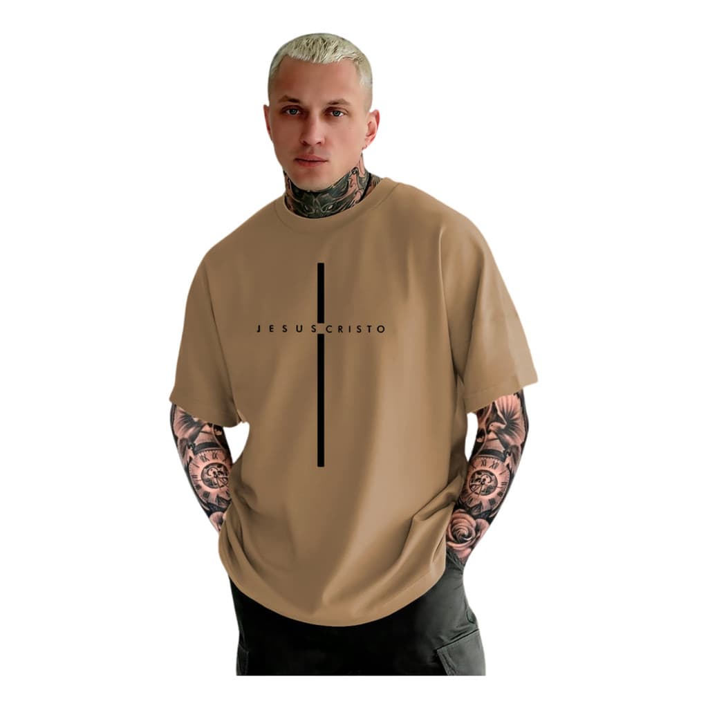 Camiseta Oversized Streetwear Bege Jesus Cristo Cruz Algodão