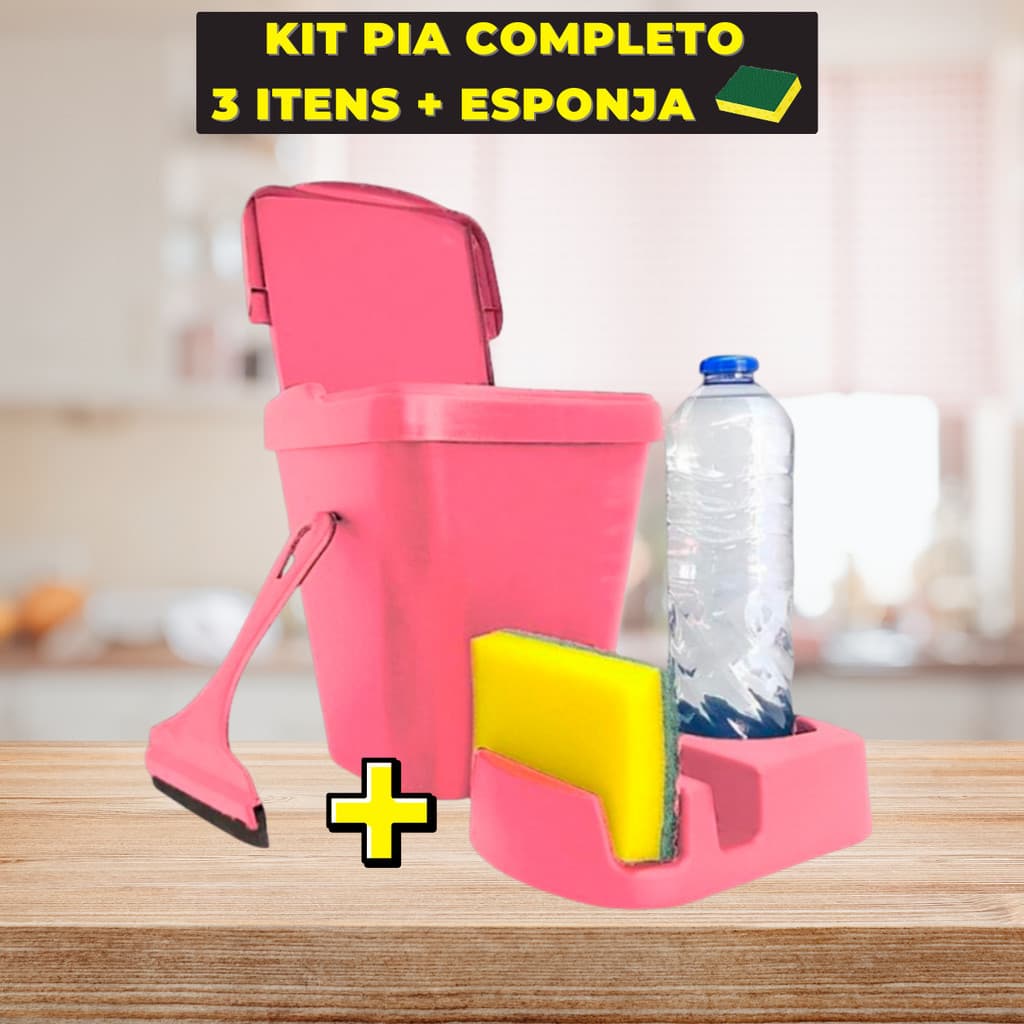 Kit Pia Multiúso Elegance Lixeira 4,8 Litros, Porta Detergente e Rodinho de Pia