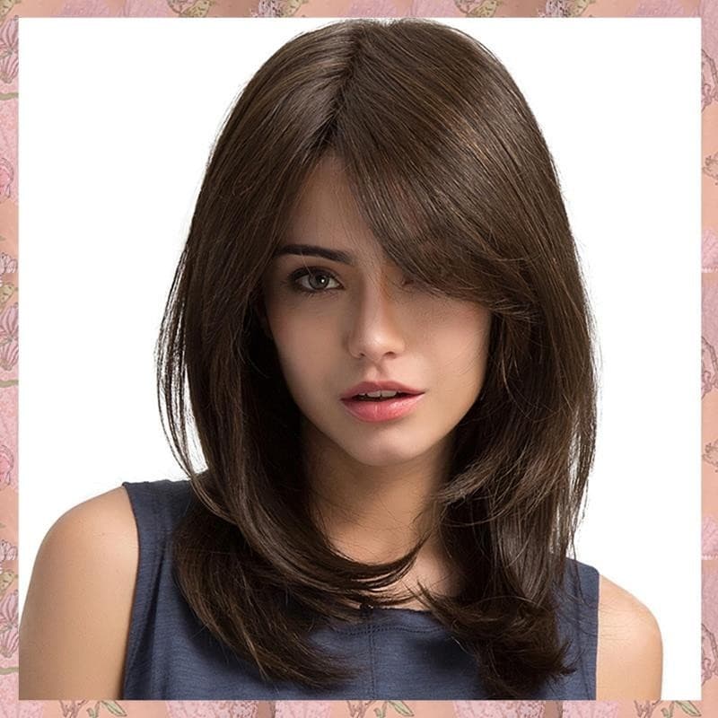 [B J R W] Perucas De Cabelo Femininas Natural Wave Dark Brown Side Parting Com Bangs