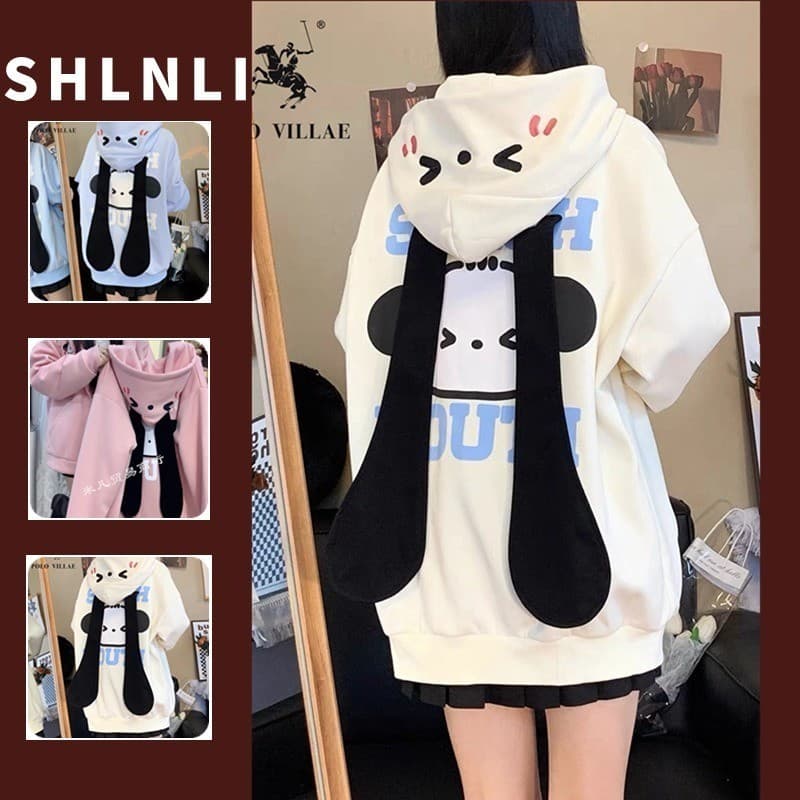 Primavera Verão Mulher Cor Sólida Dos Desenhos Animados Impresso Jaqueta Solta Casual Com Zíper Hoodie
