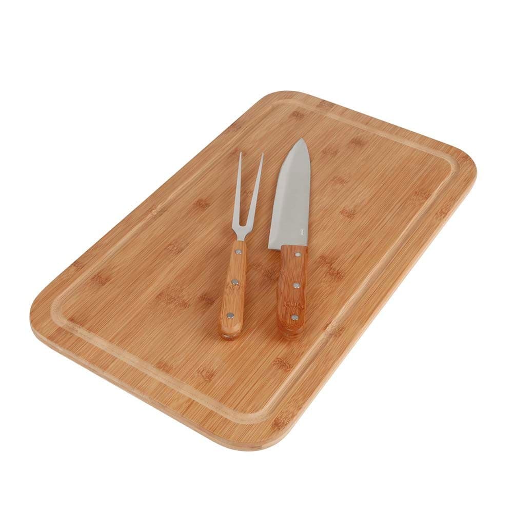 Kit Conjunto Churrasco Tabua De Carne Faca Garfo 3 Peças Mor