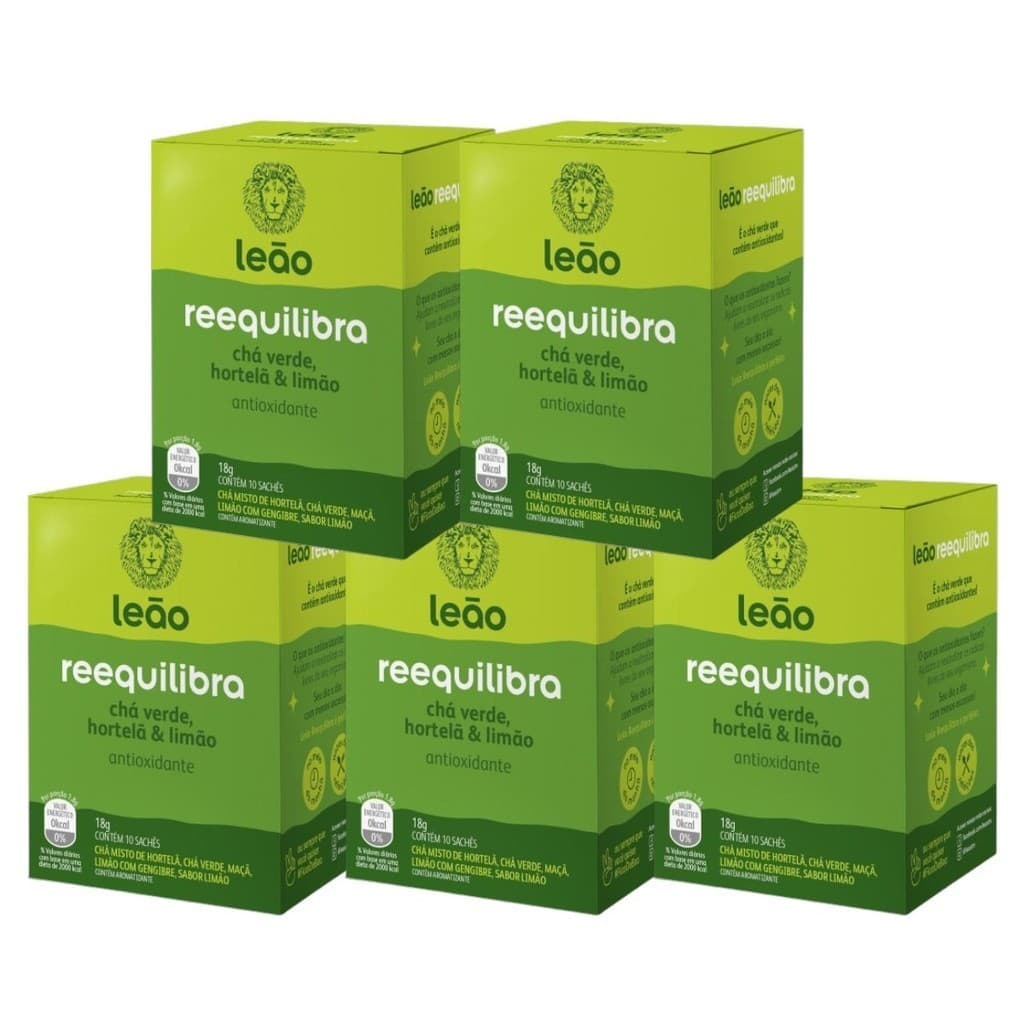 Kit 5 Chás Leão Reequilibra Chá Verde, Hortelã e Limão com 10 Sachês