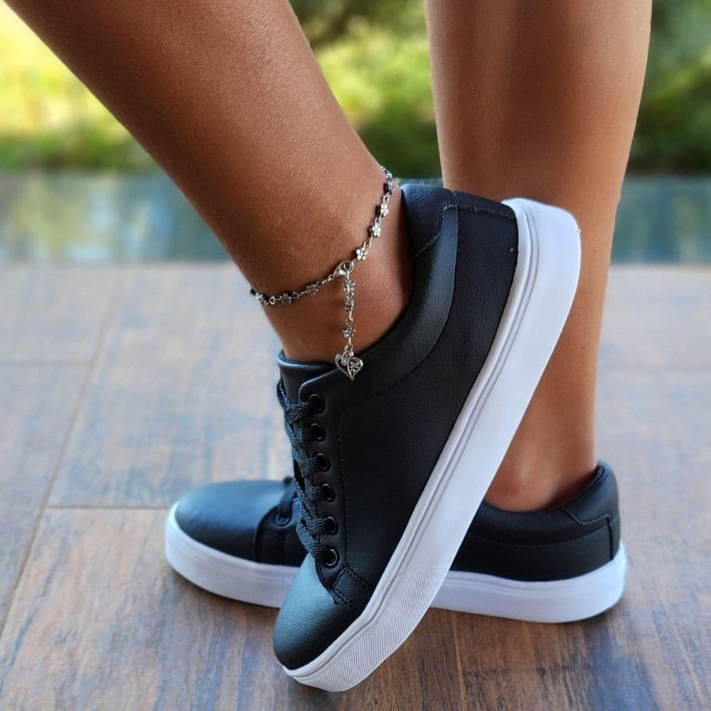 Tenis Feminino Preto Sapato Casual Feminino Anti-Derrapante com Solado de Borracha Anti-Derrapante.