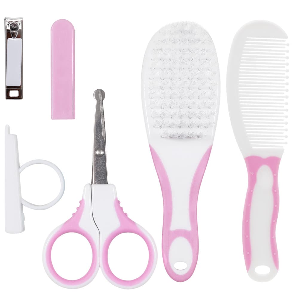 Kit Cuidados Higiene Bebê Buba 4 Peças Rosa Pente Escova Cortador De Unha Tesourinha