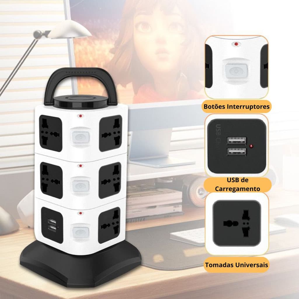 Torre de Tomadas Elétrica com 5 Entradas Universais e 2 Portas USB