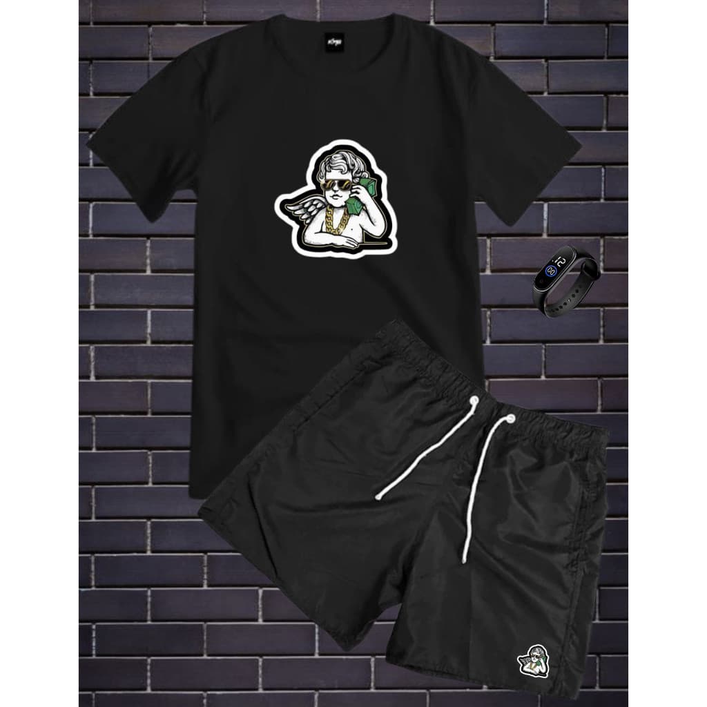Conjunto Kit Masculino Anjo Gangstar Camisa 100% Algodão Fio 30.1 + Bermuda Tactel Estampada + Relogio Digital Top