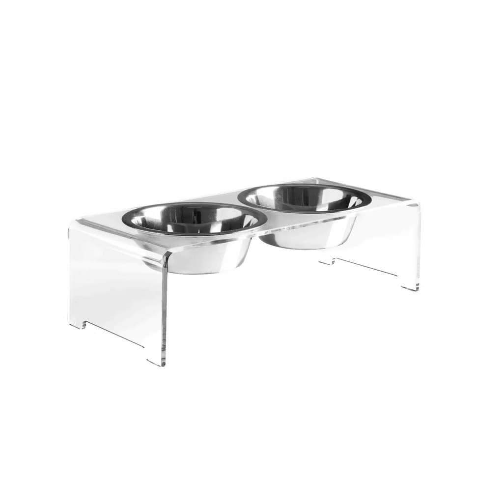 Comedouro Elevado Pet Acrílico Transparente Plus com 2 Potes Inox Ergonômico Estável e Ideal para Gatos e Cães