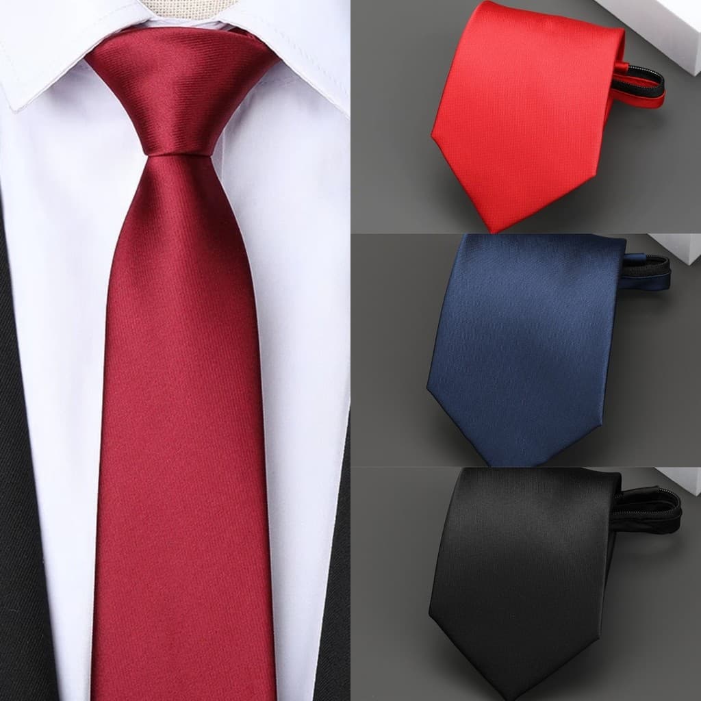Gravata Com Zíper De Cor Sólida Para Homens , Roupa Formal De Negócios , Acessórios Camisa De Casamento , Preto E Vermel