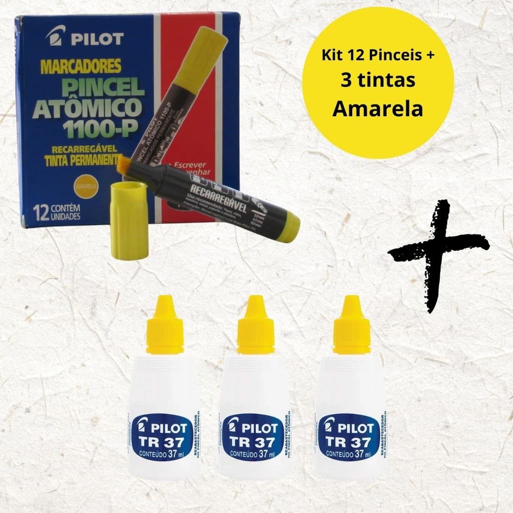 KIT 12 PINCEL ATOMICO 1100-P PILOT AMARELO + 3 TINTAS REABASTECEDOR AMARELA PILOT ARTISTICO MULTIUSO