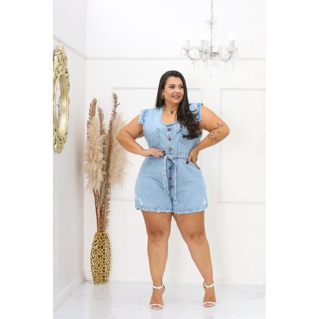 Jardineira Plus Size Macaquinho Feminino Jeans Plus Size Macaco Macaquito