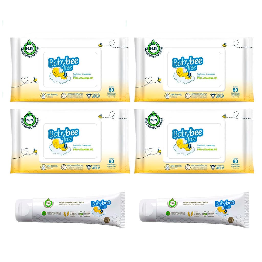 Baby Bee Kit 6un - 4un Toalhas / Lenços umedecidas com 80un + 2un Pomada Para Assaduras Creme Dermoprotetor - 60g